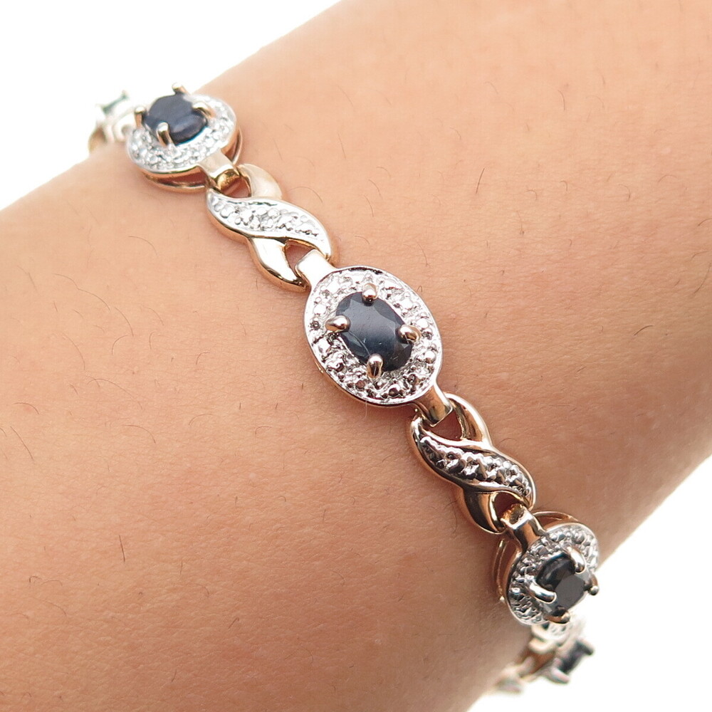 ROSS SIMONS 925 Sterling Gold Plated Real Diamond Accent Sapphire Bracelet 7.25"